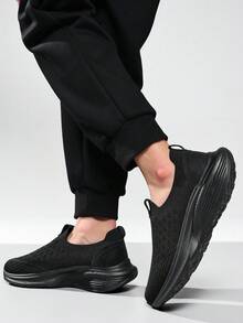 Men's Breathable Hollow Knit Sock Shoes, Lightweight Shock Absorbing Thick Bottom Slip On Walking Sneakers For Daily Commute - Black - View 5