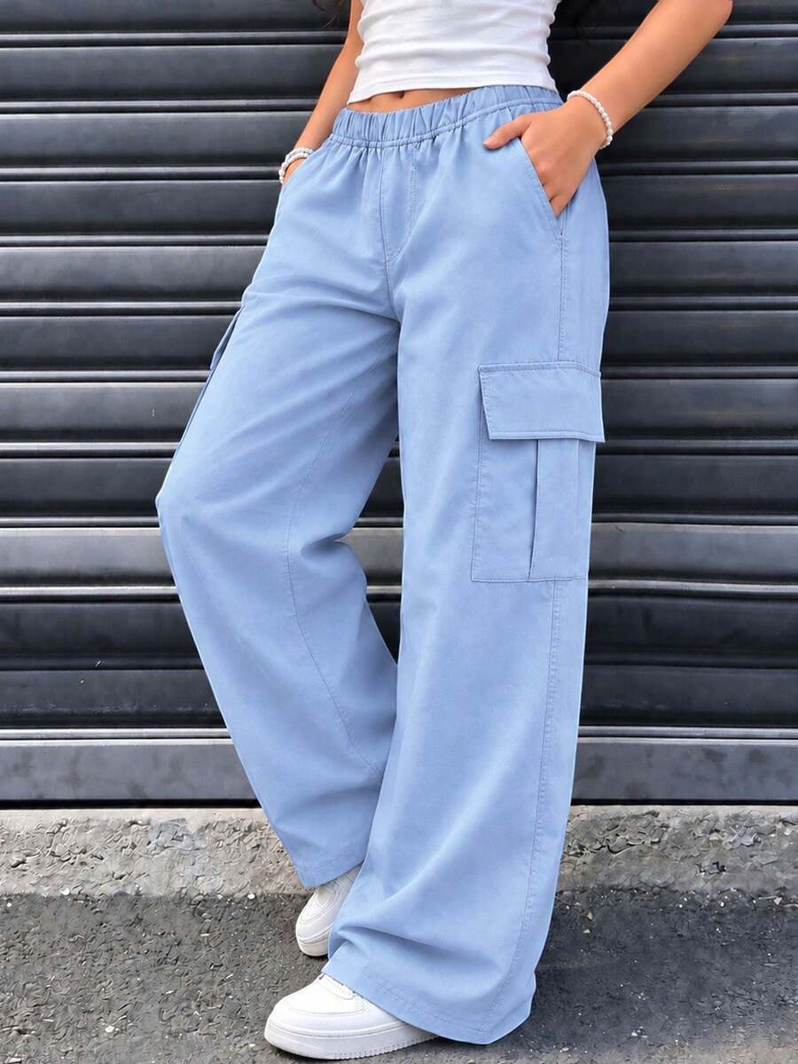 1 pieza Pantalones cargo casuales sueltos de unicolor de moda para niñas preadolescentes con múltiples bolsillos, para primavera/otoño - Neblina azul - Ver 1