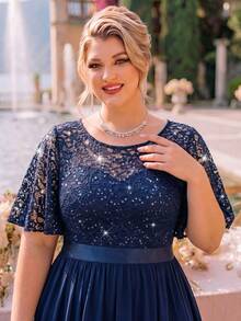 Plus Sequin Floral Lace Butterfly Sleeve Chiffon Pleated Hem Evening Party Long Dress, Wedding Guest Dress, For Birthday, Prom, Dinner, Festivals - Navy Blue - View 6