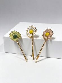 1pc Vintage Daisy Floral Barrette, Flower Edge Hair Clip, Daily Wear Decorative Hair Accessory, Christmas Gift - Multicolor - View 3