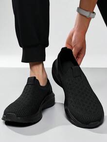 Men's Breathable Hollow Knit Sock Shoes, Lightweight Shock Absorbing Thick Bottom Slip On Walking Sneakers For Daily Commute - Black - View 2