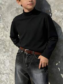 Teen Boys Stand Collar Long Sleeve Basic T-Shirt, Soft Elastic Solid Color Inner Layer Base Shirt, Children's Casual Everyday Top - Black - View 1