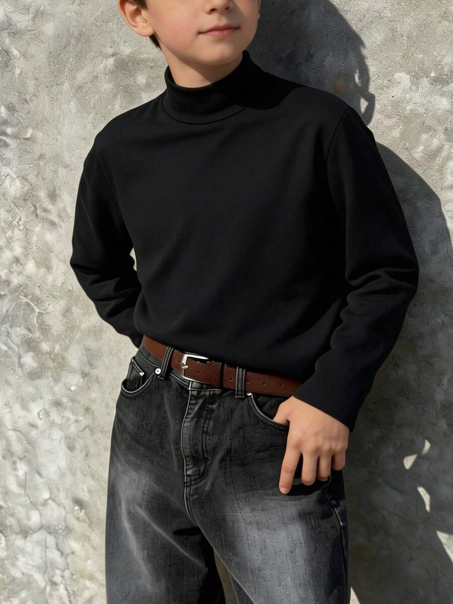Teen Boys Stand Collar Long Sleeve Basic T-Shirt, Soft Elastic Solid Color Inner Layer Base Shirt, Children's Casual Everyday Top - Black - View 1