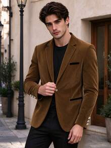 Men's Vintage Corduroy Blazer, Suitable For Light Business Office, Client Meetings, Daily Commute Wear - Khaki - View 2