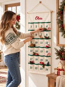 1pc Customized Text Christmas Countdown Wall Hanging Advent Calendar, 24 Pockets Storage Scroll With Embroidery Details, 2 Styles Available, Holiday Indoor Wall Decor, Thoughtful Gift For Friends And Housewarming Recipients - Multicolor - View 6