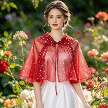 1pc Christmas Star Foil Print Short Cape For Carnival Party, Stage Performance, Halloween, Cosplay, Spring/Summer Short Shawl, Star Mesh Hooded Cardigan Cape - Red - View 1