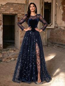 Autumn/Winter Elegant Navy Blue Sequin Leaf Embroidery Patchwork Velvet Sheer Long Sleeve 2-In-1 High Slit Formal Maxi Dress, Suitable For Parties And Weddings - Royal Blue - View 5