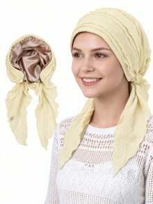 1pc Satin Lined Pre-Tied Headscarf, Ruffle Pleated Cotton Headwrap, Sleep Bonnet, Muslim Headwear - Multicolor - View 18