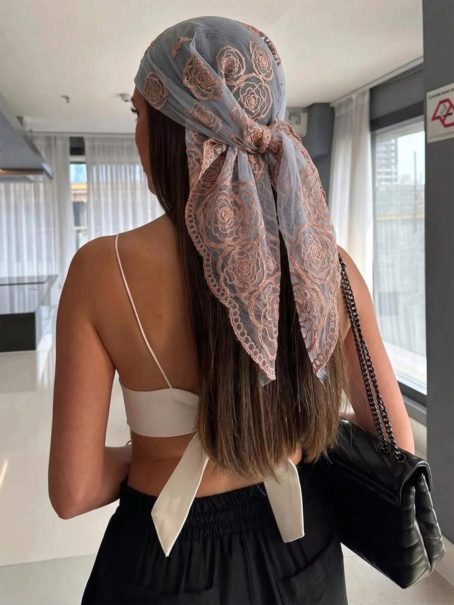 Women Sheer Mesh Lace Head Scarf, Rose Floral Embroidery Head Wrap, Elegant Triangle Tie Back Headband Scarf For Daily Party - Color - View 1