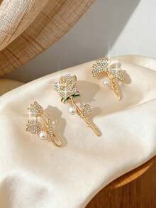 3pcs Vintage Faux Pearl & Rhinestone Butterfly Flower Brooch Set, Elegant Lapel Pins For Suit & Coat, Matching Gift For Best Friends, Holiday Gift For Mom - Gold - View 3