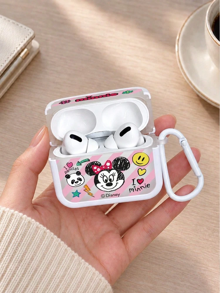 Miniso Disney Premium TPU Bluetooth Earphone Protective Case With 1 Matching Color Hook, Cute Cartoon Mickey & Minnie, Suitable Compatible With Airpods 1/2/3/4/5/Pro/Pro2/Pro3, New Soft Earphone Case, Unisex - White - View 1