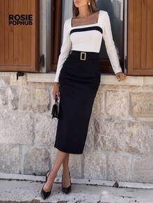 ROSIE POPHUB Women Black White Two Tone Square Neck Long Sleeve Midi Dress, Belted Ruched Pencil Dress Elegant Commute Christmas For Fall Winter - Black and White - View 5
