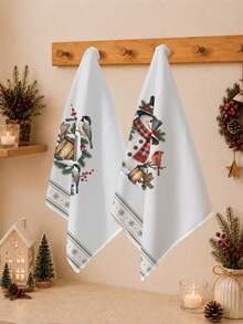 2PCS Kitchen Towels, Christmas Bird Wooden House Vintage Snowman Pattern Kitchen Towels Dish Cloths, 40*60cm Rectangular Soft Microfiber Cleaning Kitchen Towels, Perfect For Kitchen, Dining Room And Bathroom Use, Kitchen Decor, Home Decor, Neighbor Housewarming Gift, Dish Cloths - Multicolor - View 8