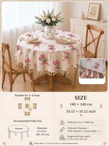 1pc Daily Minimalist Pink Bow Tulip Pattern Polyester Cotton Lace Tablecloth, Stain-Resistant With Tassel Fringe Dining Table Decor Cloth, Suitable For Square And Round Tables, Kitchen, Dining Table, Coffee Table, TV Cabinet, Entryway, Party Holiday Decoration, Home Decor, Family Gathering - Multicolor - View 15