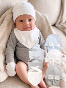 momscare 1 Set Baby Bibs Solid Color Simple Series Gloves Newborn 3 Hats 3 Pairs Gloves 3 Bibs - Multicolor - View 2