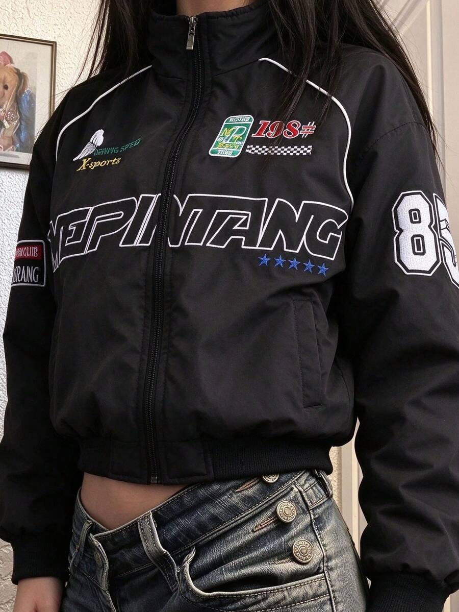 Women's Winter Outdoor Jacket, Casual Racing Style Women's Jacket, Embroidered Pattern Design, Street Sports Autumn Jacket, Gym Jacket Outfit, Christmas Gift For Girlfriend, Loose Fit Women's Jacket - Black - View 1