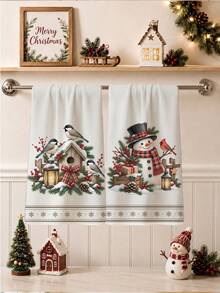 2PCS Kitchen Towels, Christmas Bird Wooden House Vintage Snowman Pattern Kitchen Towels Dish Cloths, 40*60cm Rectangular Soft Microfiber Cleaning Kitchen Towels, Perfect For Kitchen, Dining Room And Bathroom Use, Kitchen Decor, Home Decor, Neighbor Housewarming Gift, Dish Cloths - Multicolor - View 5