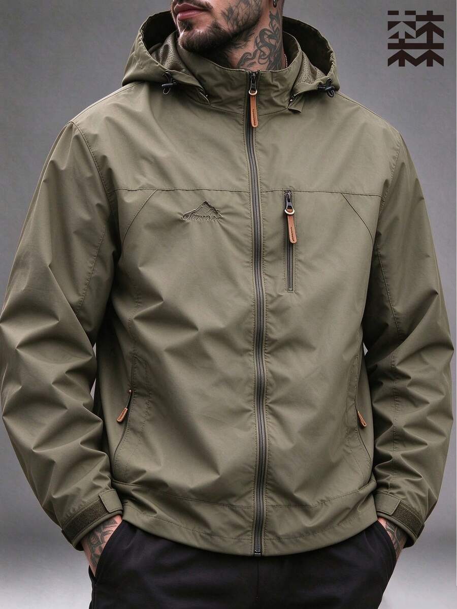 Mulinsen Men's Hooded Windbreaker Jacket, Outdoor Waterproof Hiking Coat, Multi-Zipper Pocket Design - Khaki - View 1