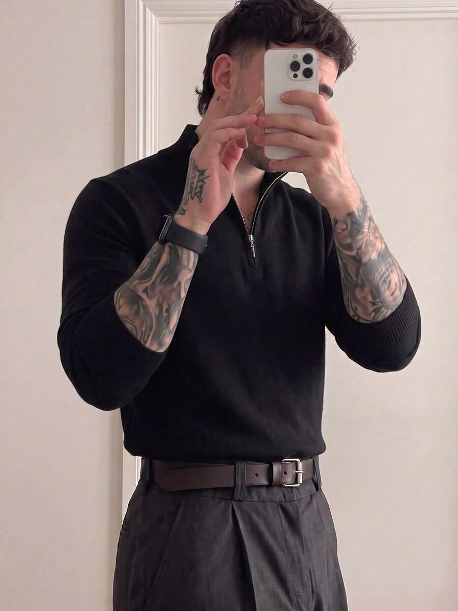 Men's Slim Fit Half Zip Ribbed Knit Sweater , Autumn/Winter, Long Sleeve Top - Black - View 1
