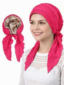 1pc Satin Lined Pre-Tied Headscarf, Ruffle Pleated Cotton Headwrap, Sleep Bonnet, Muslim Headwear - Multicolor - View 15