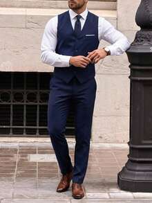 DAZY Men's 3 PiecesSuit Set, Elegant Solid Color Slim Fit Gentleman Vest, Pants And Tie Set, Business Commute, Wedding, Party, Ball - Navy Blue - View 4