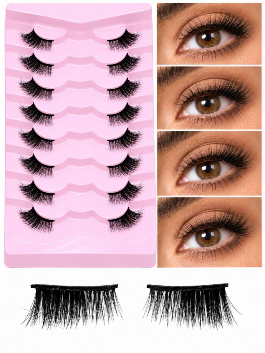 7 Pairs Fluffy Lightweight Soft Half Lash False Eyelashes, Includes Lash Brush And Tweezers Set, 3D Faux Mink Natural Look, Reusable, Suitable For Daily Makeup, Strip Lashes, Lash Clusters, Half Lash Set - Multicolor - View 1