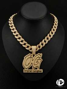 Full Rhinestone OG Letter Pendant Necklace, Iced Out Cuban Chain, Men's Hip Hop Shiny Personalized Jewelry, Nightclub Party Accessory - Original - View 2