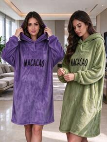 1pc Wearable Hooded Blanket, Soft Fluffy Fleece Letter Print Shawl, Large Warm Wrap, Half-Open Button Design, Suitable For Home Leisure, Camping, Indoor Relaxation And Outdoor Activities, Autumn/Winter Use - Multicolor - View 1