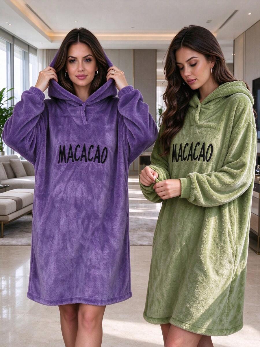 1pc Wearable Hooded Blanket, Soft Fluffy Fleece Letter Print Shawl, Large Warm Wrap, Half-Open Button Design, Suitable For Home Leisure, Camping, Indoor Relaxation And Outdoor Activities, Autumn/Winter Use - Multicolor - View 1