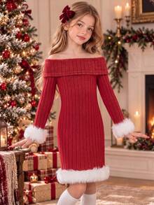 Girls' Casual Off-Shoulder Ribbed Knit Long Sleeve Dress, Plush Cuff & Hem Design, Suitable For Angel Party, Christmas Gathering, Autumn/Winter, Machine Washable - Red - View 2