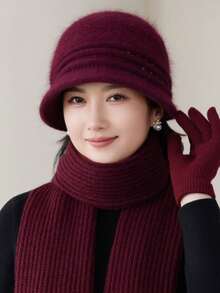 1pc Elegant Ladies Fuzzy Knit Hat, Rhinestone Embellished Curved Brim Bucket Beanie Thick Windproof Winter Bucket Hat For Middle-Aged Elderly Women - MZY2614 Rhinestone Bucket Hat for Middle-aged Adults - View 3