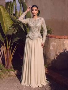 LUVISTRUE Women Elegant Romantic Maxi Dresses Zipper Lace Sequin Patchwork Formal Evening Party Cocktail Wedding Guest Gala Prom Gowns - Beige - View 2