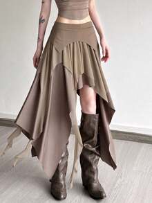 Top Dazzle Sexy Split Asymmetric High Waist Fitted Skirt - Khaki - View 3