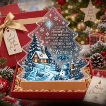 Acrylic Desktop Display With Wooden Base, Blue Winter Snowy Cabin, Fox, Deer, Snowman And English Slogan, Christmas Holiday Home Decor, Gift Idea - A - View 4