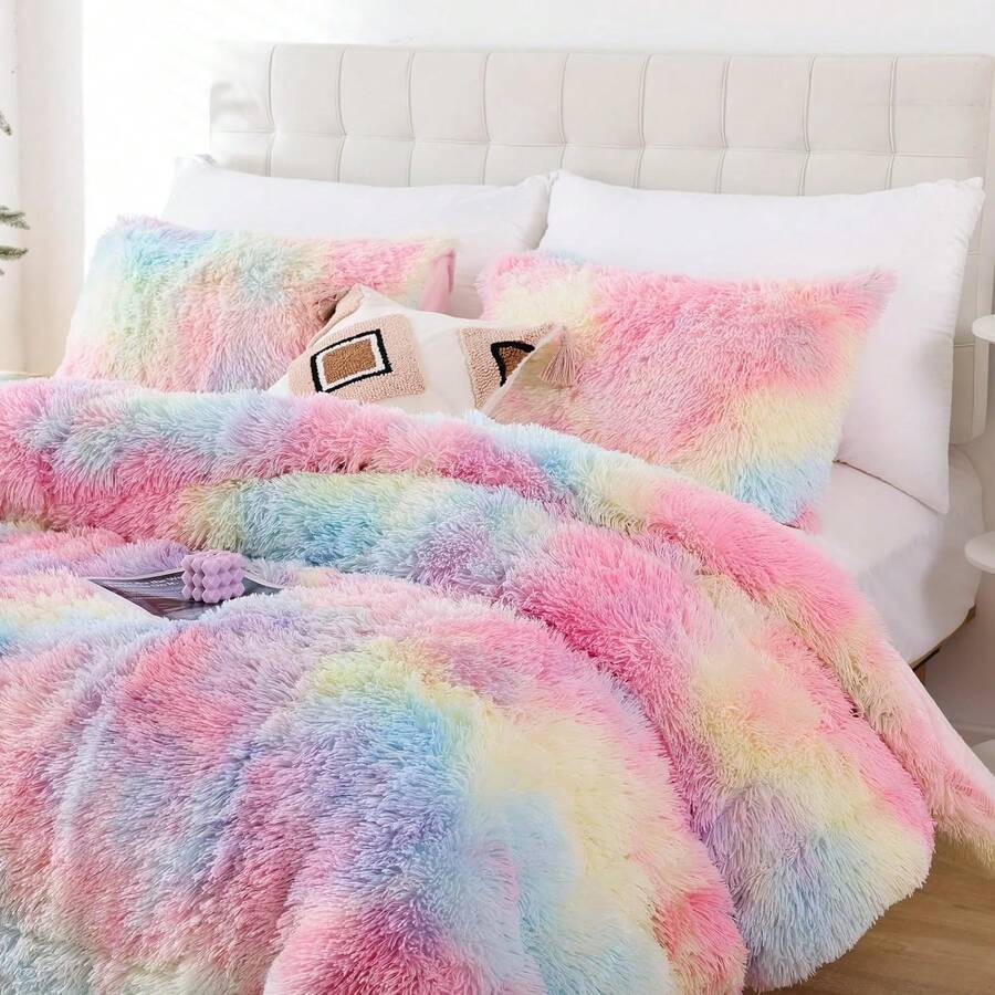 Fluffy Comforter Set, Tie-Dye Pink Faux Fur Comforter Set (3 Pieces), Luxury Fluffy Large Bedding Set, Queen/King Size, Soft Plush Bedding Set Suitable For All Seasons, Includes 1 Comfortable Comforter And 2 Pillowcases - Multicolor - View 1