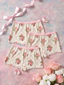 Elorette 8/4/3/1pc Low Waist Floral Romantic Pastoral Fairy Lace Patchwork Ruffle Edge Knit Jacquard Skin-Friendly Comfortable Bow Knot Undies - Baby Pink - View 31