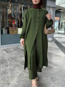Conjunto de 2 piezas talla grande, top largo con botones combinado con pantalones de pierna ancha, digno y elegante para otoño - Verde militar - Ver 1