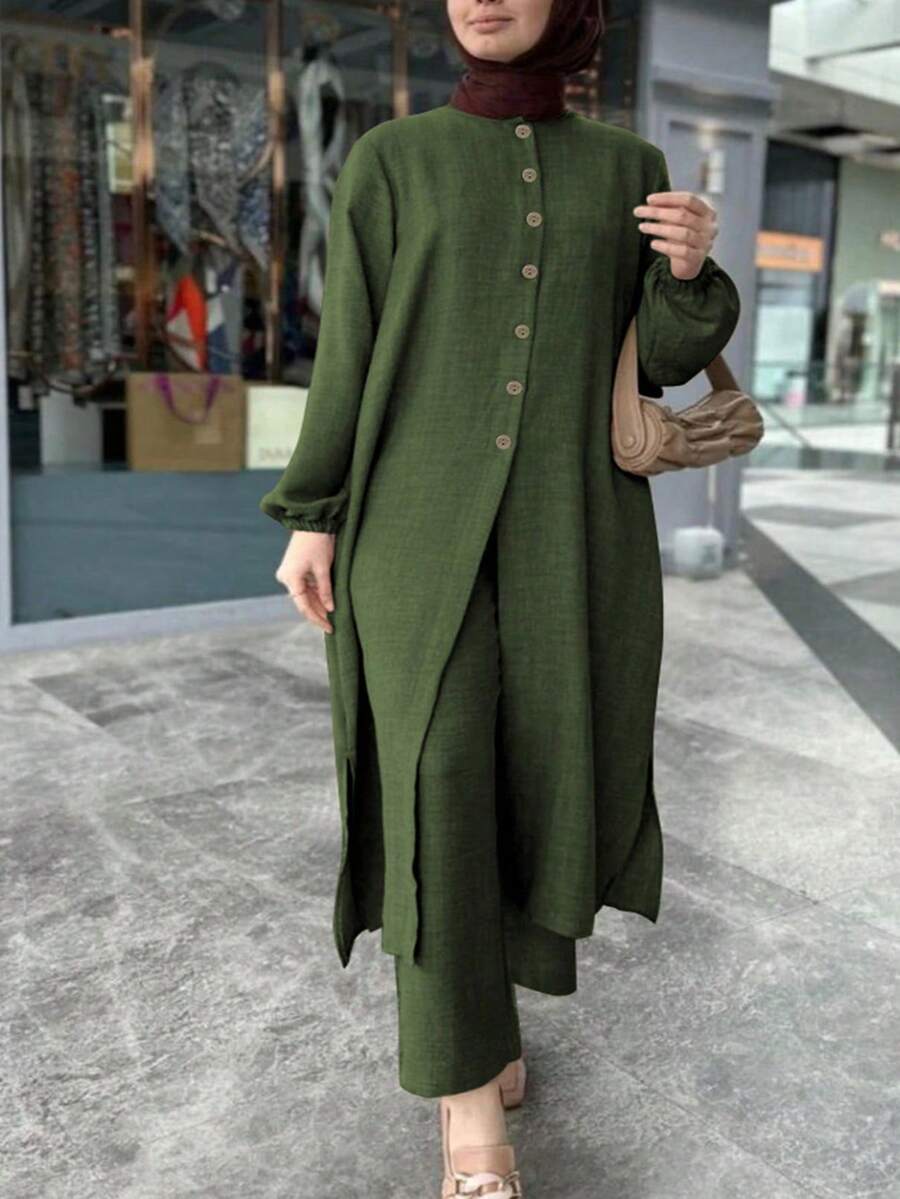 Conjunto de 2 piezas talla grande, top largo con botones combinado con pantalones de pierna ancha, digno y elegante para otoño - Verde militar - Ver 1