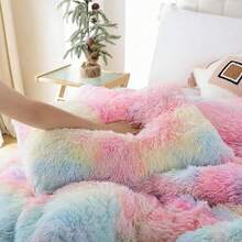 Fluffy Comforter Set, Tie-Dye Pink Faux Fur Comforter Set (3 Pieces), Luxury Fluffy Large Bedding Set, Queen/King Size, Soft Plush Bedding Set Suitable For All Seasons, Includes 1 Comfortable Comforter And 2 Pillowcases - Multicolor - View 4