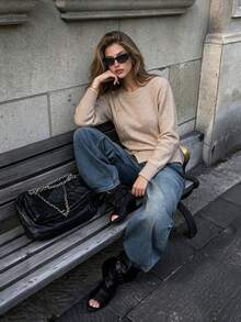 Aflion Women's Fall Winter Khaki Crew Neck Long Sleeve Knit Sweater With Diagonal Gold Button Decor For Campus, Date And Christmas - Khaki - View 10