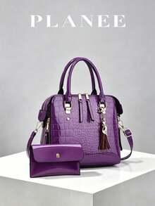 Women's Bright Purple Crocodile-Embossed Glossy PU Top Handle Satchel & Matching Envelope Clutch Set - Crocodile Pattern Mother-baby Bag - View 2