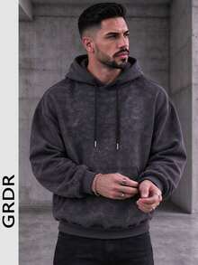 GRDR Men's Autumn/Winter Casual Streetwear Distressed Washed Thermal Lined Loose Fit Hoodie - Black - View 1