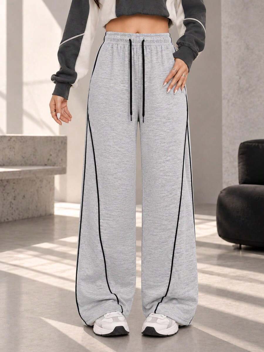 Women's Relaxed Fit Wide Leg Pants With Elastic Drawstring Waist And Contrast Side Trim Casual Lounge Trousers - Grey - View 1