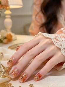 1 Sheet Autumn Winter Nail Stickers, Chinese Style Ink Wash Petal Nail Stickers, Orange Pink Blush Gradient Self-Adhesive Nail Decorations - Multicolor - View 3