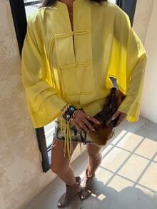Women Chinese Frog Button Sheer Blouse, Long Sleeve Tie Front Loose Yellow Shirt, Casual Stand Collar See Through Top - Yellow - View 6