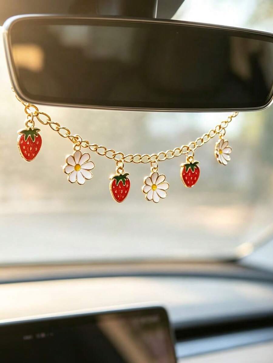1pc Fruit Charm Rearview Mirror Hanging Ornament, Strawberry Watermelon Pineapple Cherry Pendant, Car Accessories - A - View 1