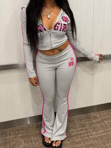 Autumn Street Style Sports Set Women's Printed Long Sleeve Top + Sweatpants Fitness Workout Set - Light Grey - View 1