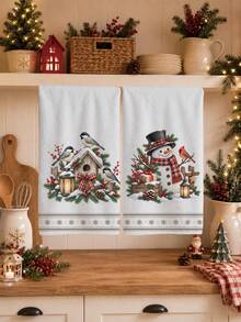 2PCS Kitchen Towels, Christmas Bird Wooden House Vintage Snowman Pattern Kitchen Towels Dish Cloths, 40*60cm Rectangular Soft Microfiber Cleaning Kitchen Towels, Perfect For Kitchen, Dining Room And Bathroom Use, Kitchen Decor, Home Decor, Neighbor Housewarming Gift, Dish Cloths - Multicolor - View 4