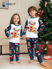 Children's Christmas Pajama 2 Pieces Set, Navy Blue Contrast Long Sleeve, Cartoon Reindeer & Snowflake Print Pajama Top And Pants, Holiday Loungewear Set, Christmas Gift - Multicolor - View 1