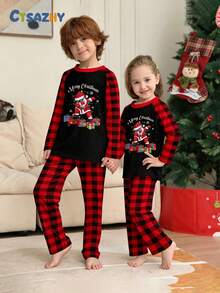 Tween Girl Christmas Pajama Set 2pcs, Contrast Raglan Sleeve Design, Round Neck Blessing Words Santa Claus Gift Print Long Sleeve Top, Red & Black Plaid Pajama Pants, Holiday Loungewear Set, Christmas Gift - Multicolor - View 1